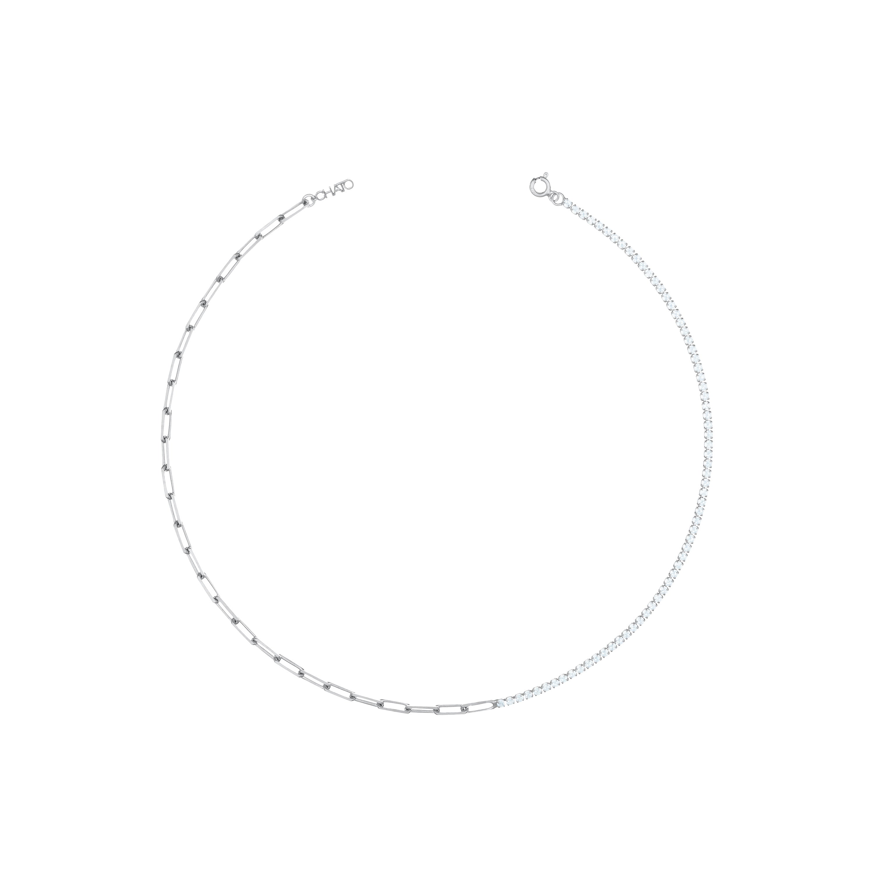 Half Tennis Half Paperclip Chain Choker - Silver White