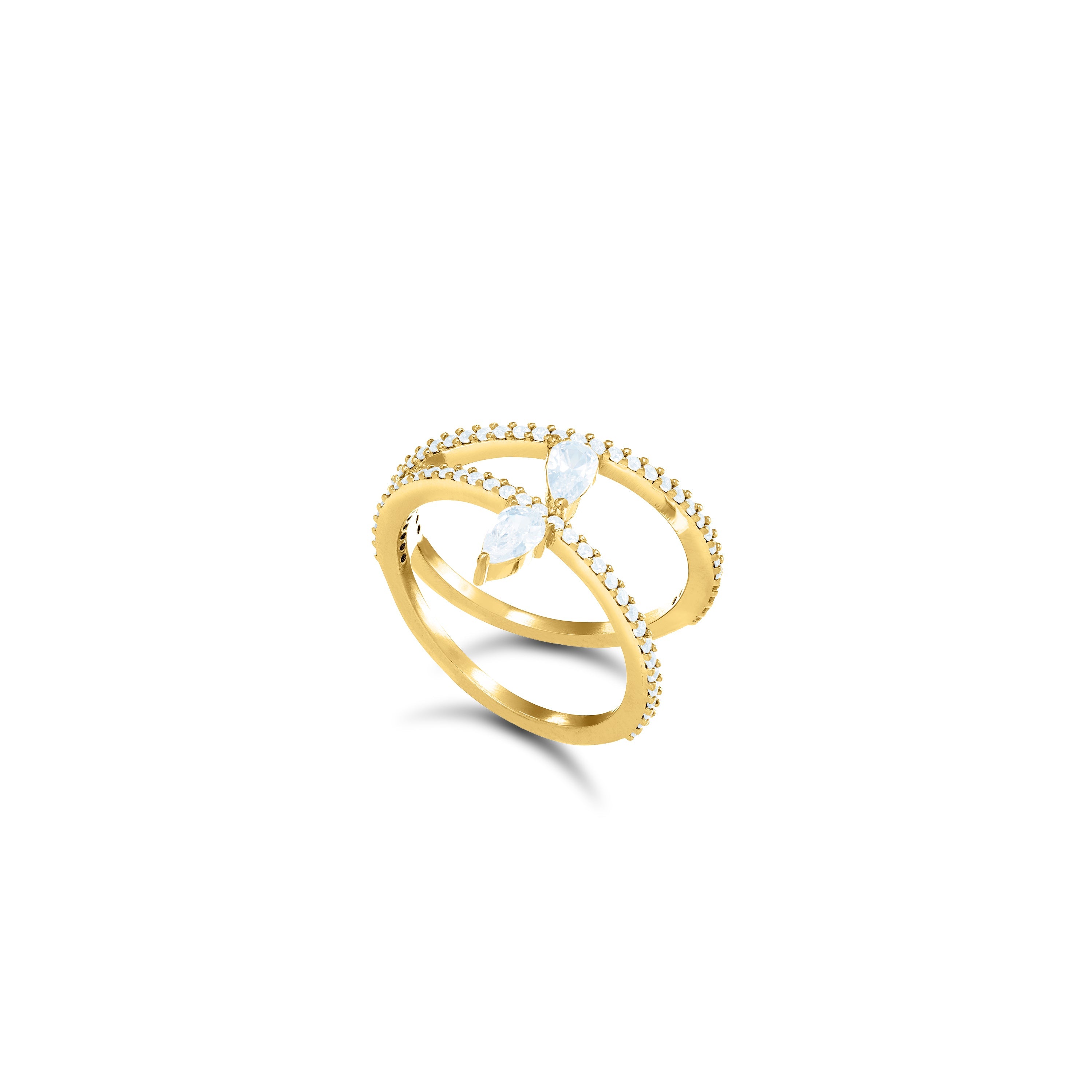 Inclined Two Line Teardops Ring - Gold White