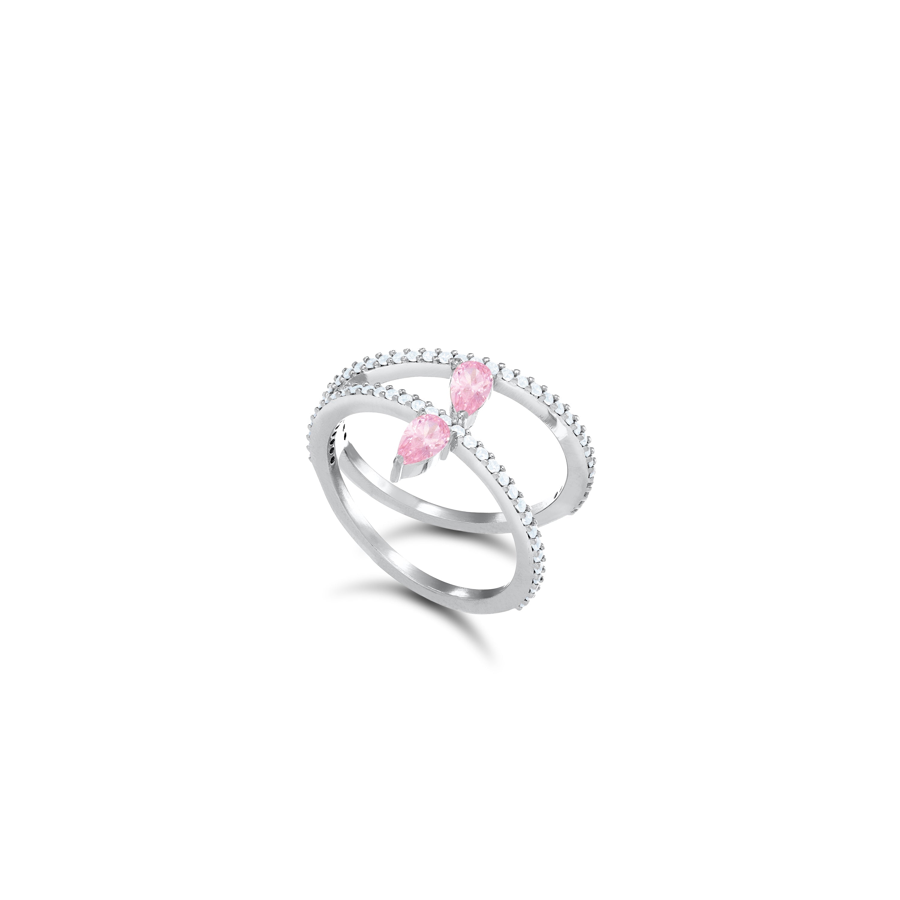 Inclined Two Line Teardops Ring - Silver Light Pink And White