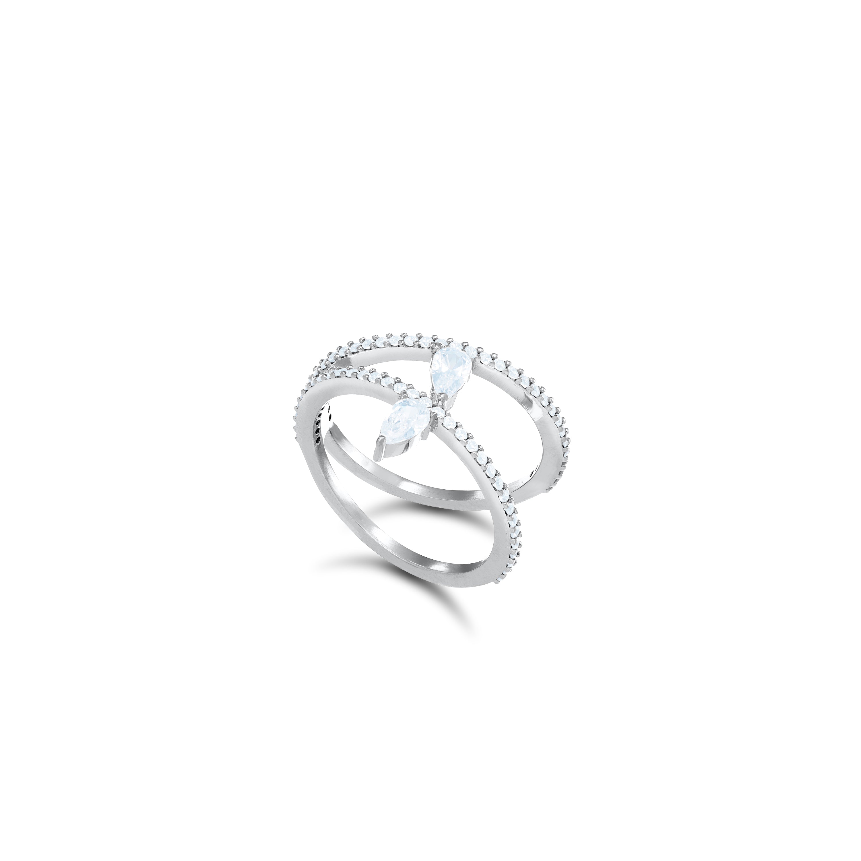 Inclined Two Line Teardops Ring - Silver White