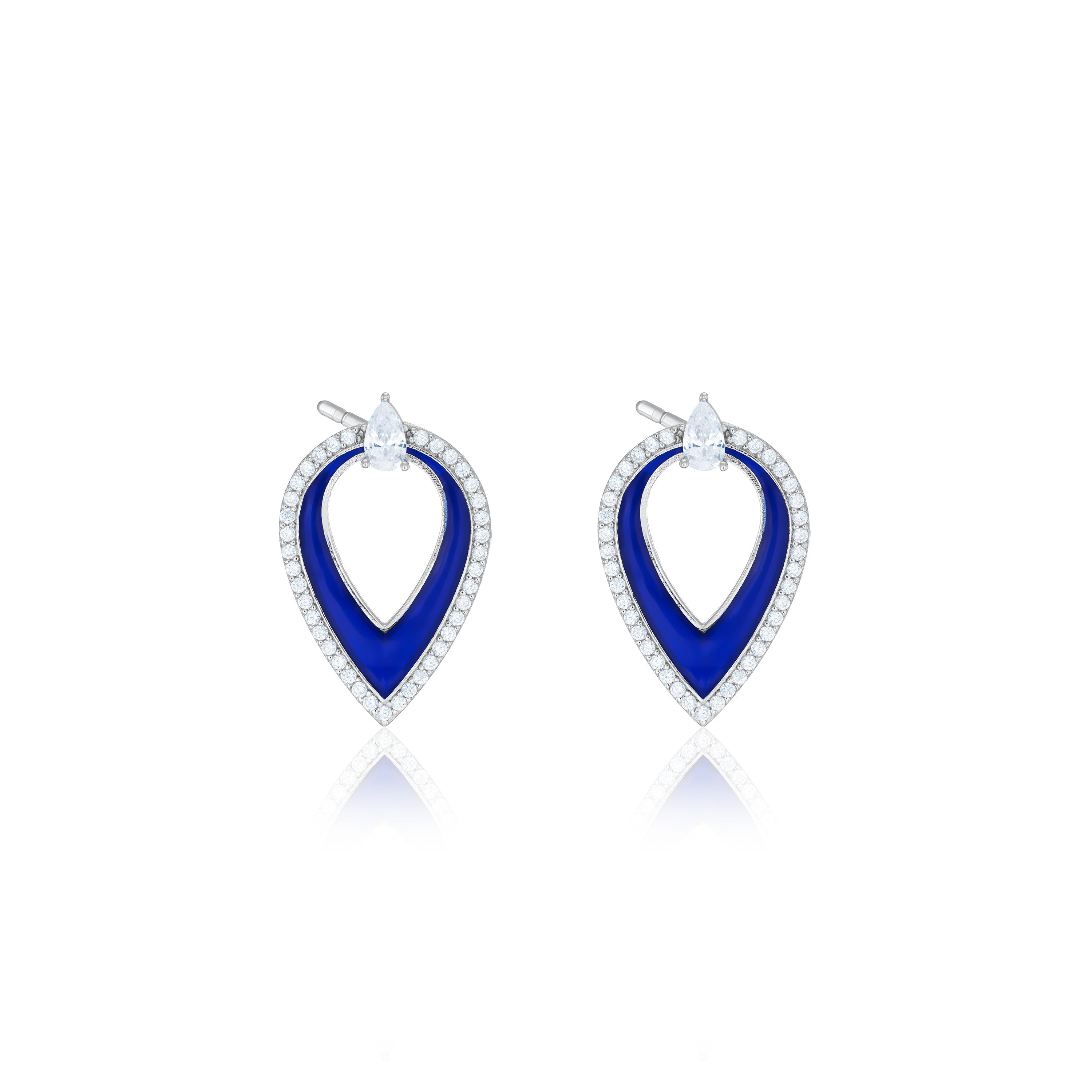One Teardrop Pear Cut Shaped Enamel Earrings - Silver Navy Blue
