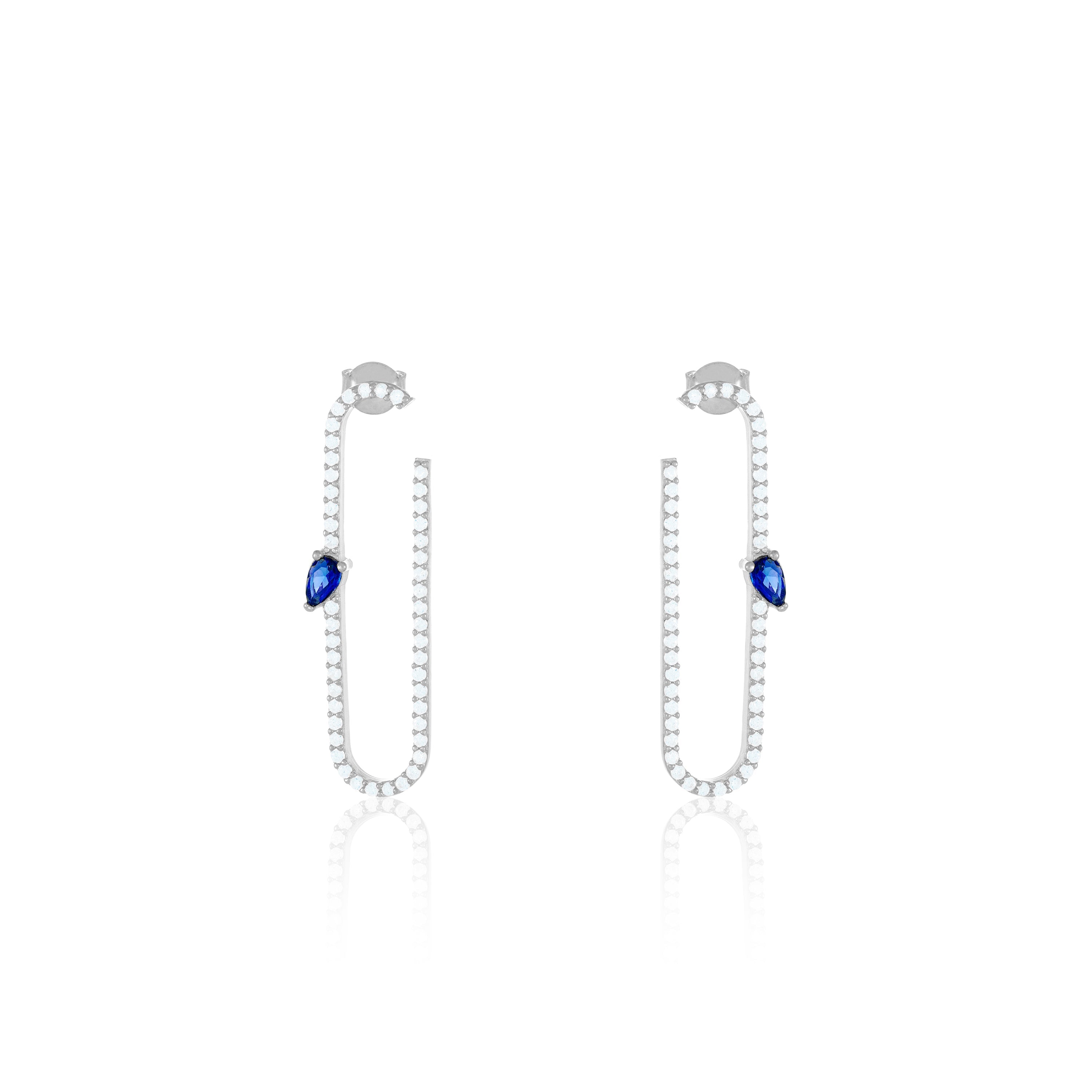 Paperclip With Teardrop Statement Earrings - Silver Navy Blue And White