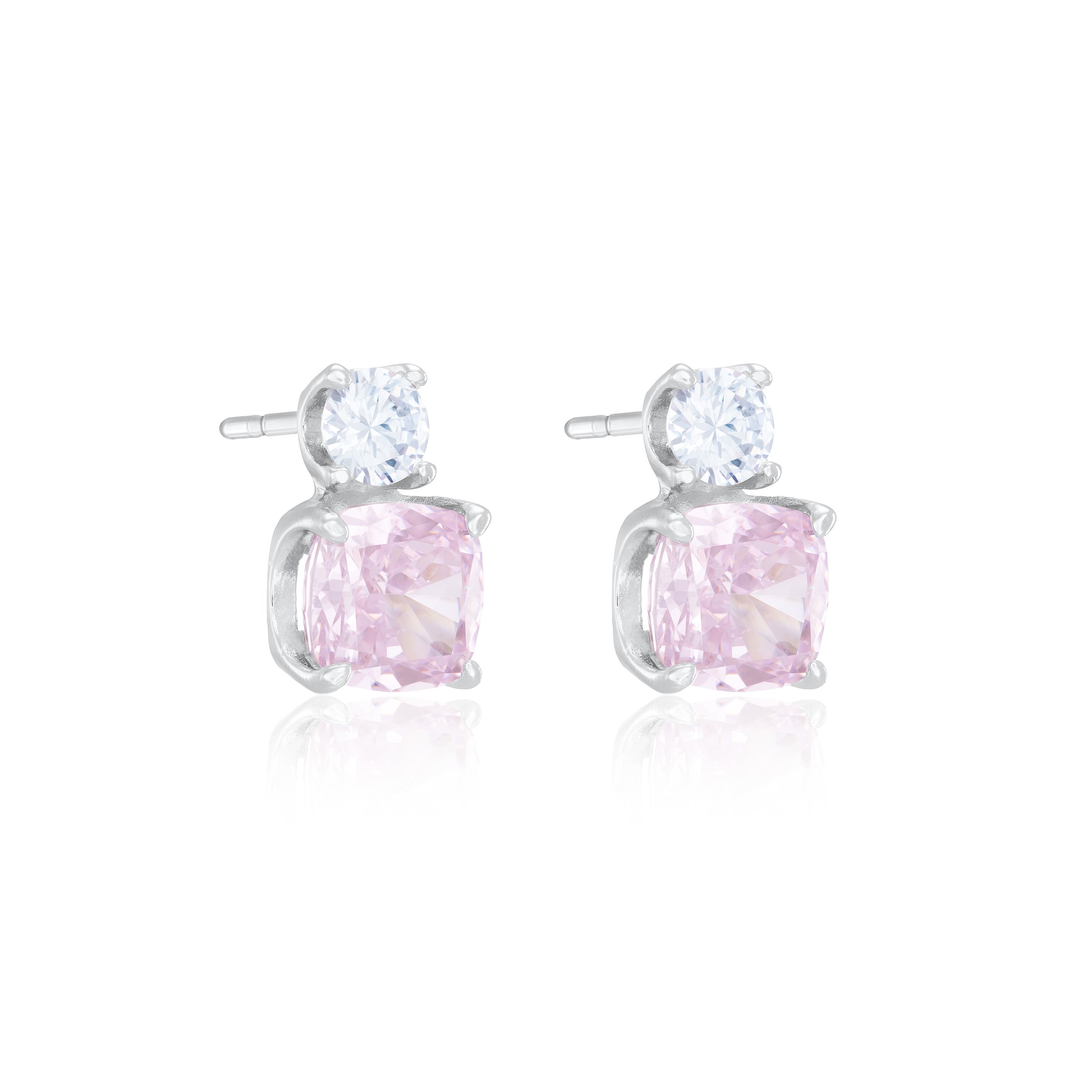 Round And Square Drop Cz Earrings - Silver Light Pink And White