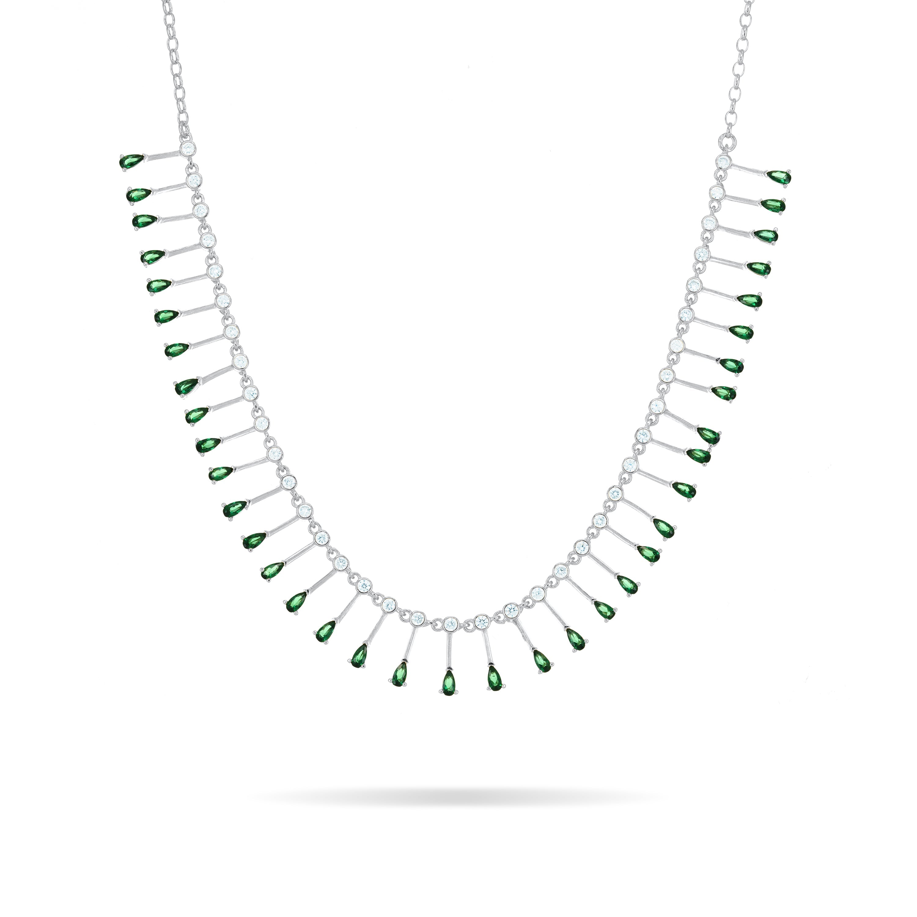 Teardrop Fringe Necklace - Silver Green And White