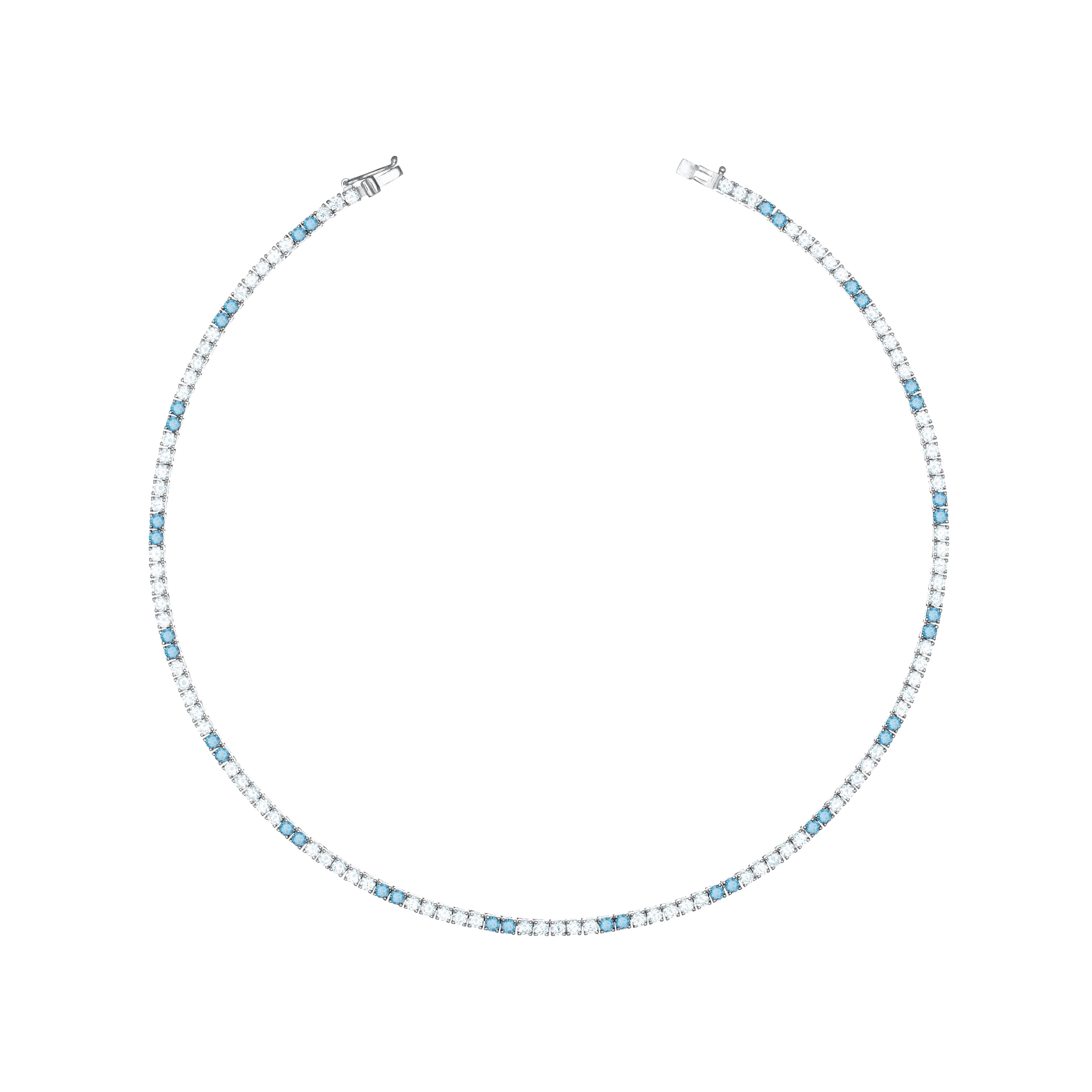 Tennis Necklace With Box Clasp - Silver Two Dots Aquamarine And White - 2.5mm