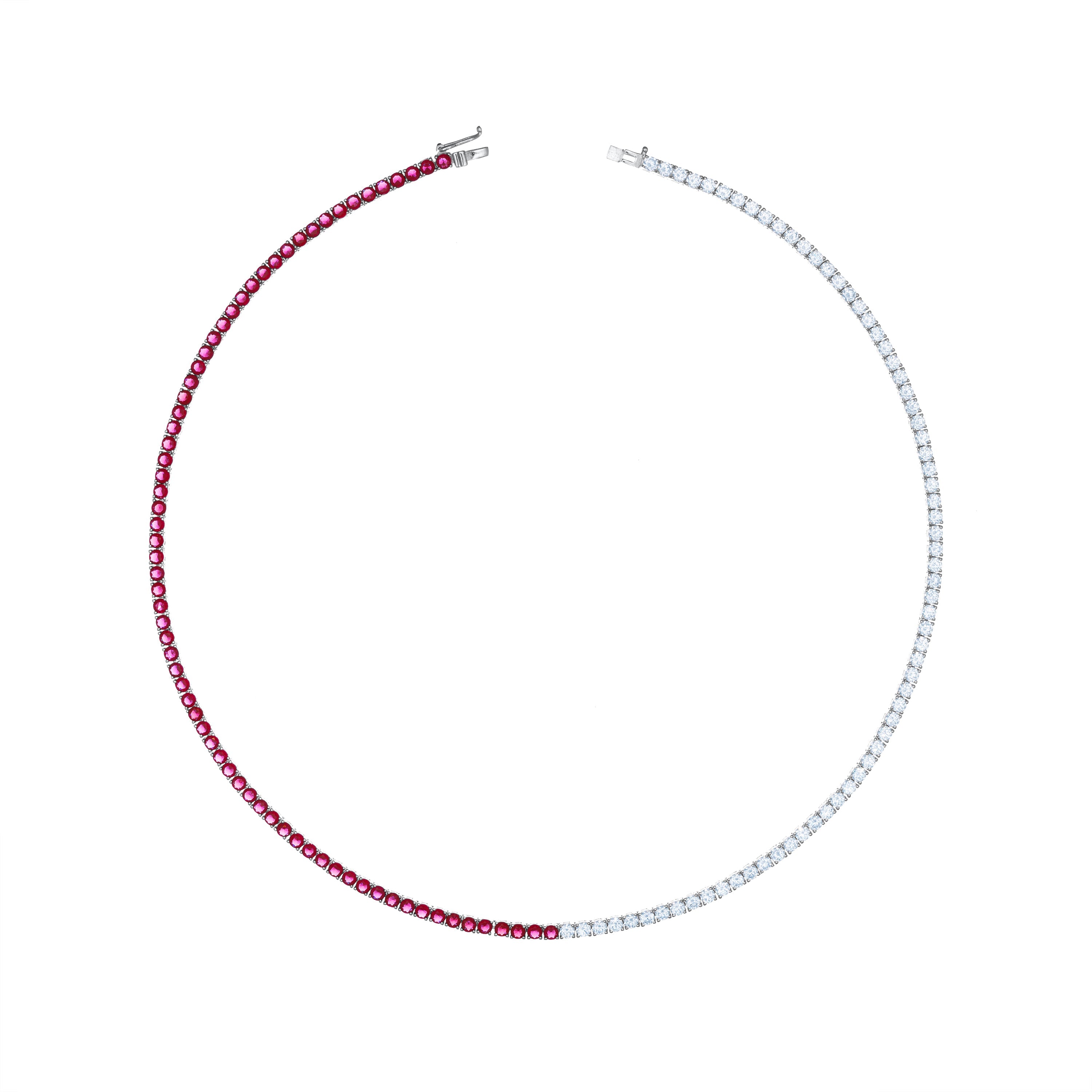 Tennis Necklace With Box Clasp - Silver Half Ruby And Half White - 3mm