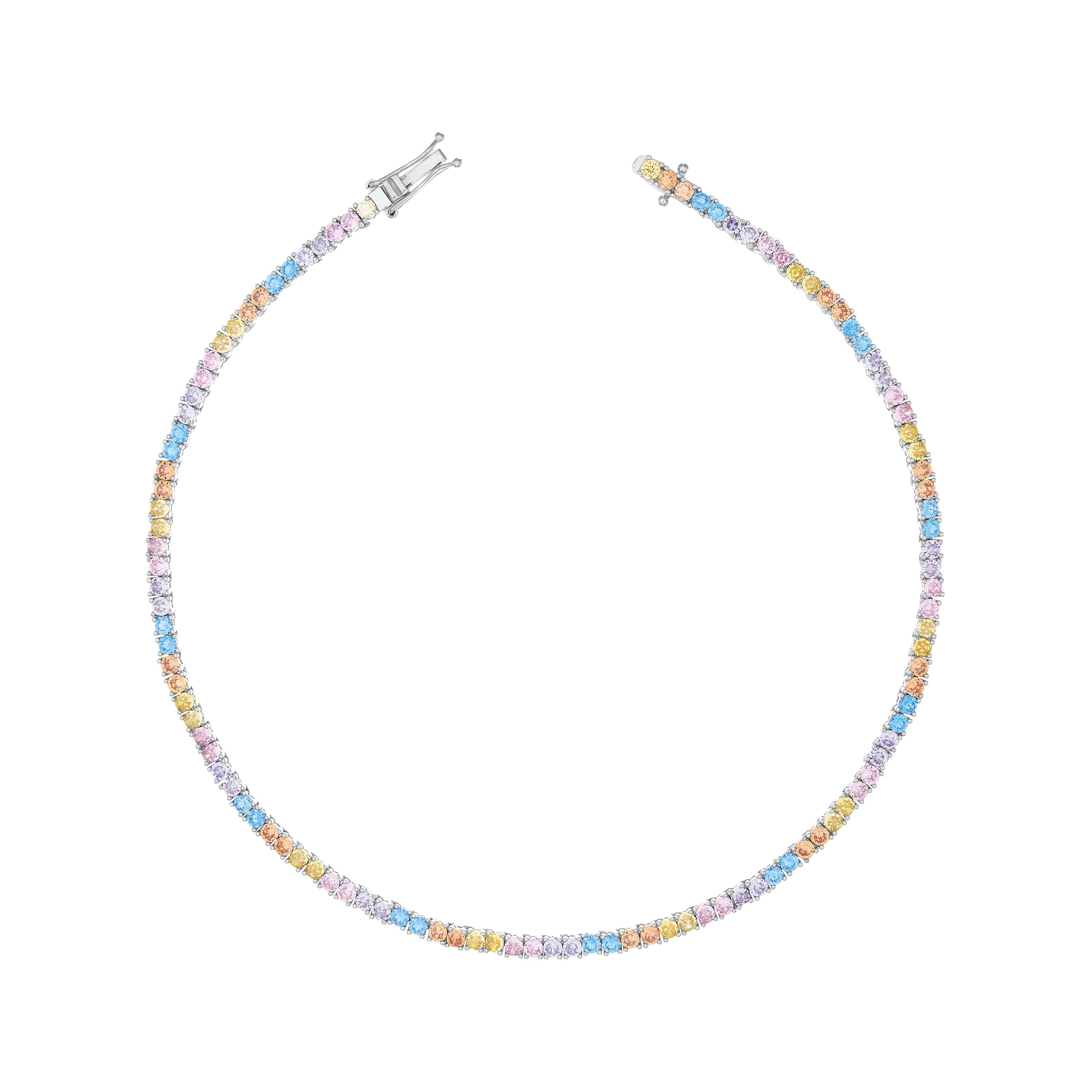 Tennis Necklace With Box Clasp - Silver Pastel Rainbow - 3mm
