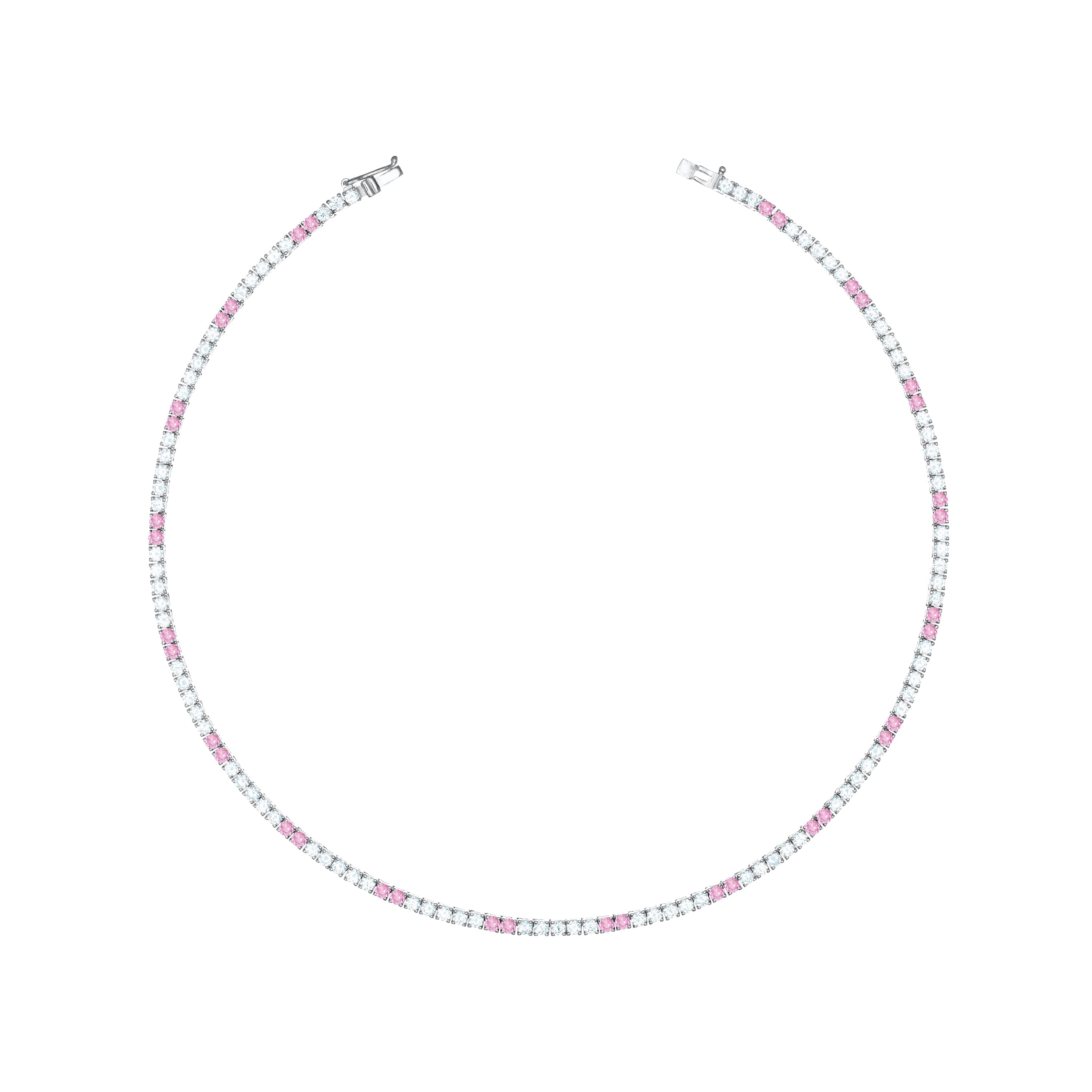 Tennis Necklace With Box Clasp - Silver Two Dots Light Pink And White - 2.5mm