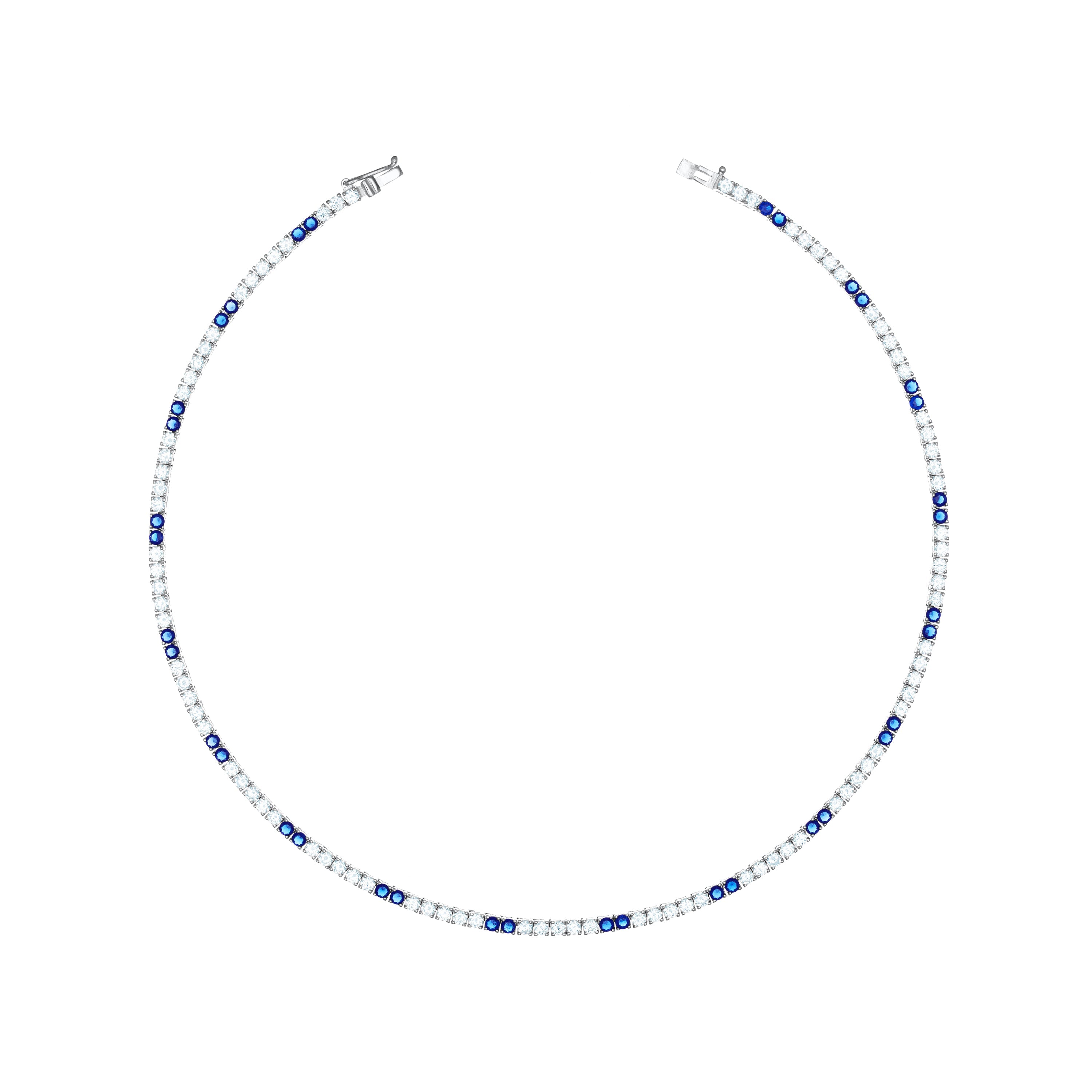 Tennis Necklace With Box Clasp - Silver Two Dots Navy Blue And White - 2.5mm