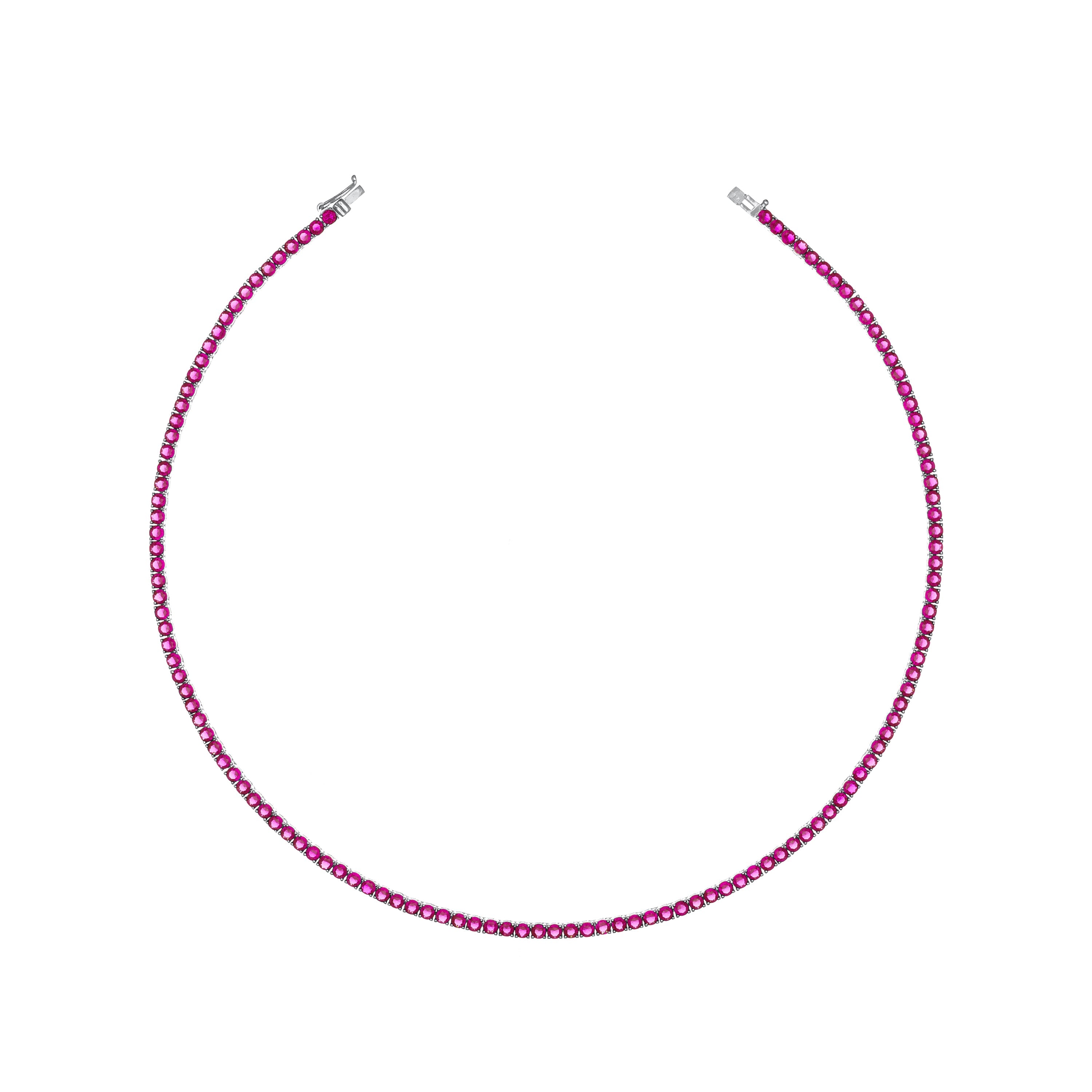 Tennis Necklace With Box Clasp - Silver Fuchsia -3mm