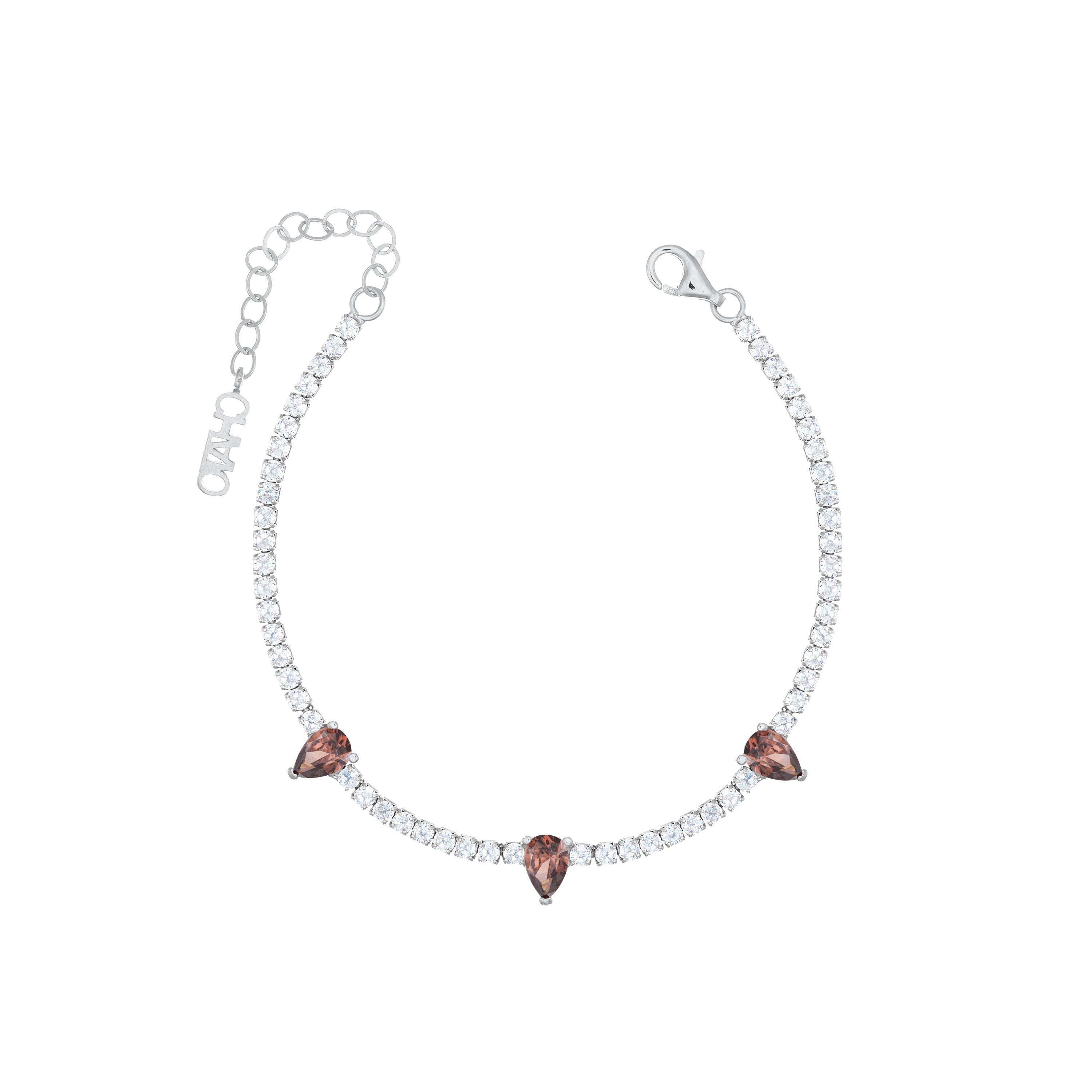 Three Teardrops Tennis Bracelet - Silver Brown And White
