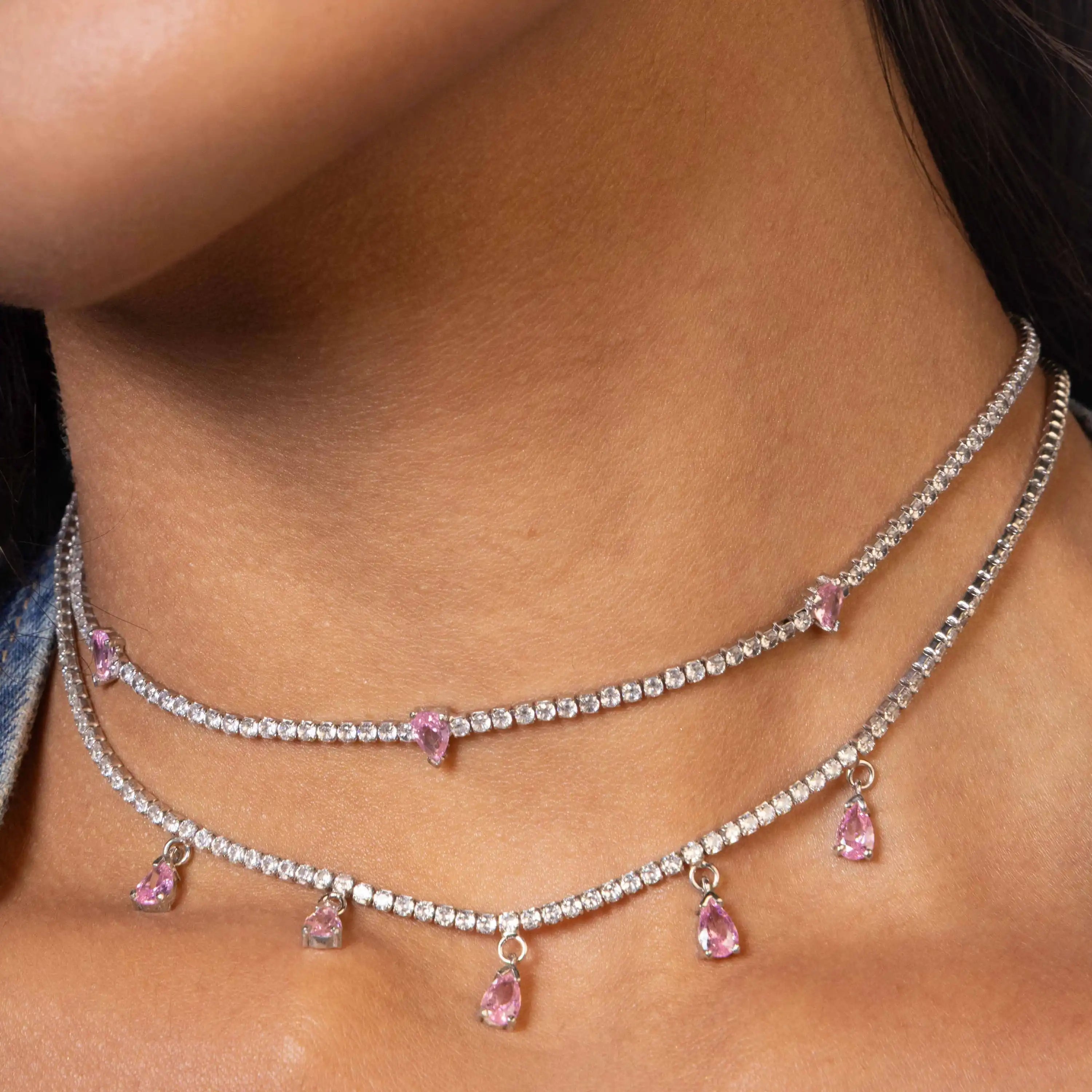 Three Teardrops Tennis Choker - Silver Light Pink And White