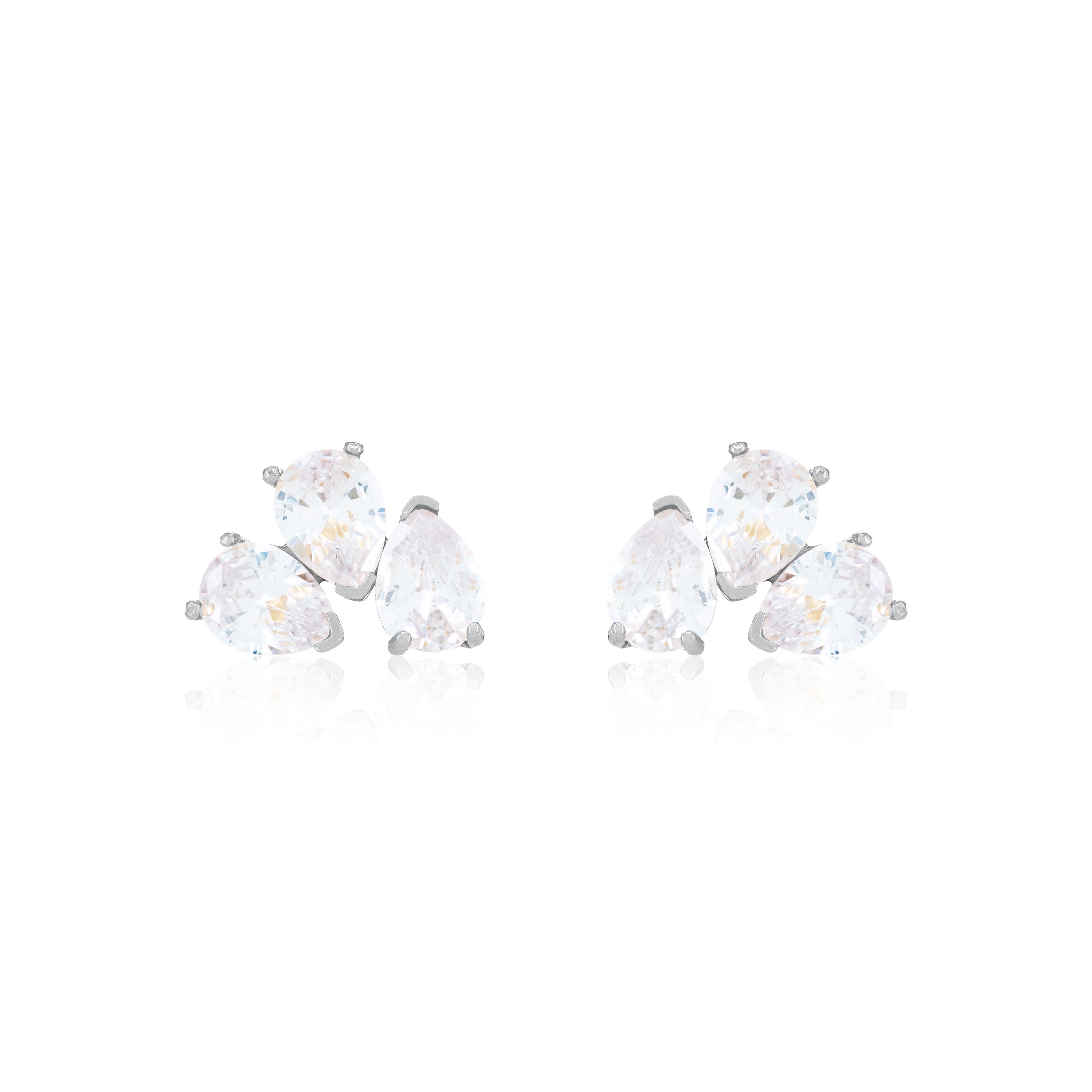 Triple Teardrop Stud Earrings - Silver White - Big