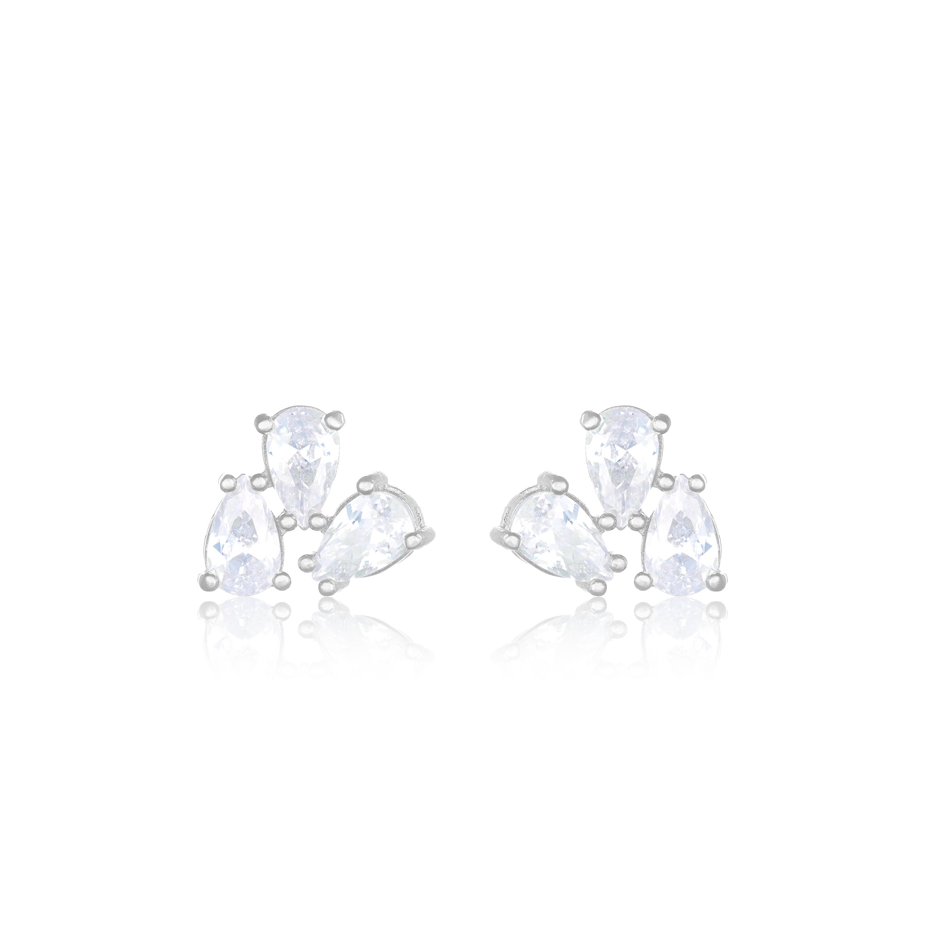 Triple Teardrop Stud Earrings - Silver White - Medium