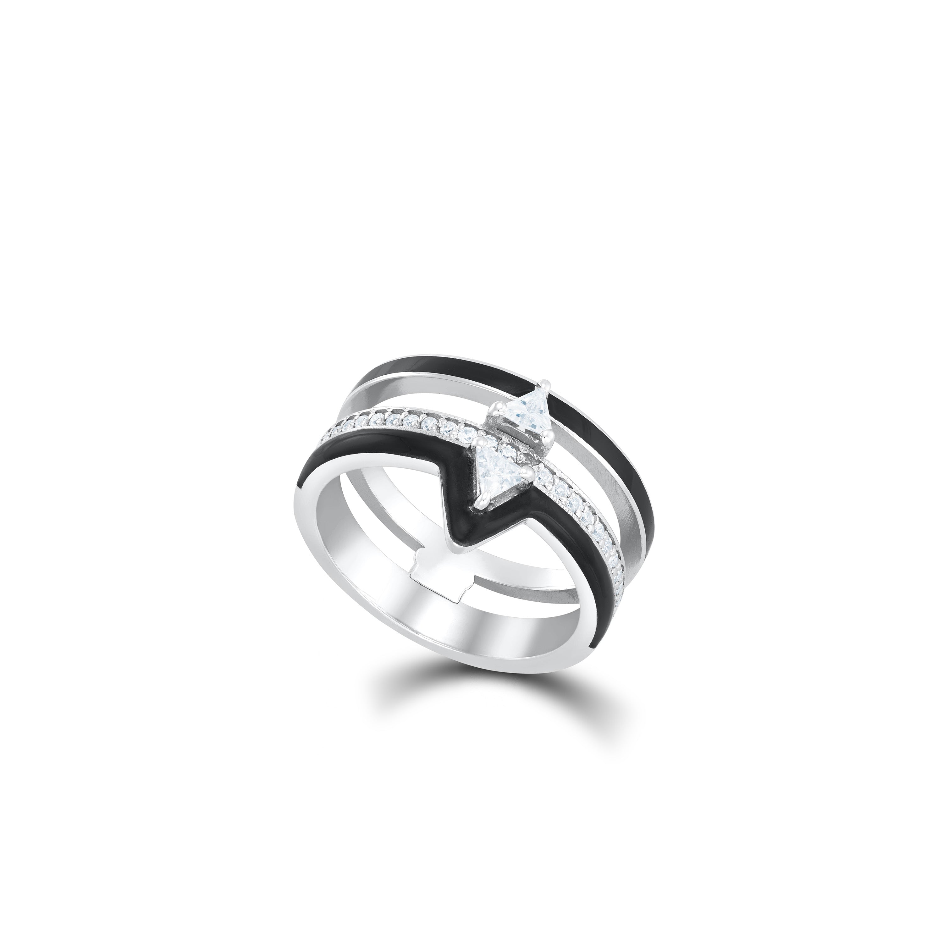 Two Opposite Triangle Half Cz Half Enamel Inside Out Ring