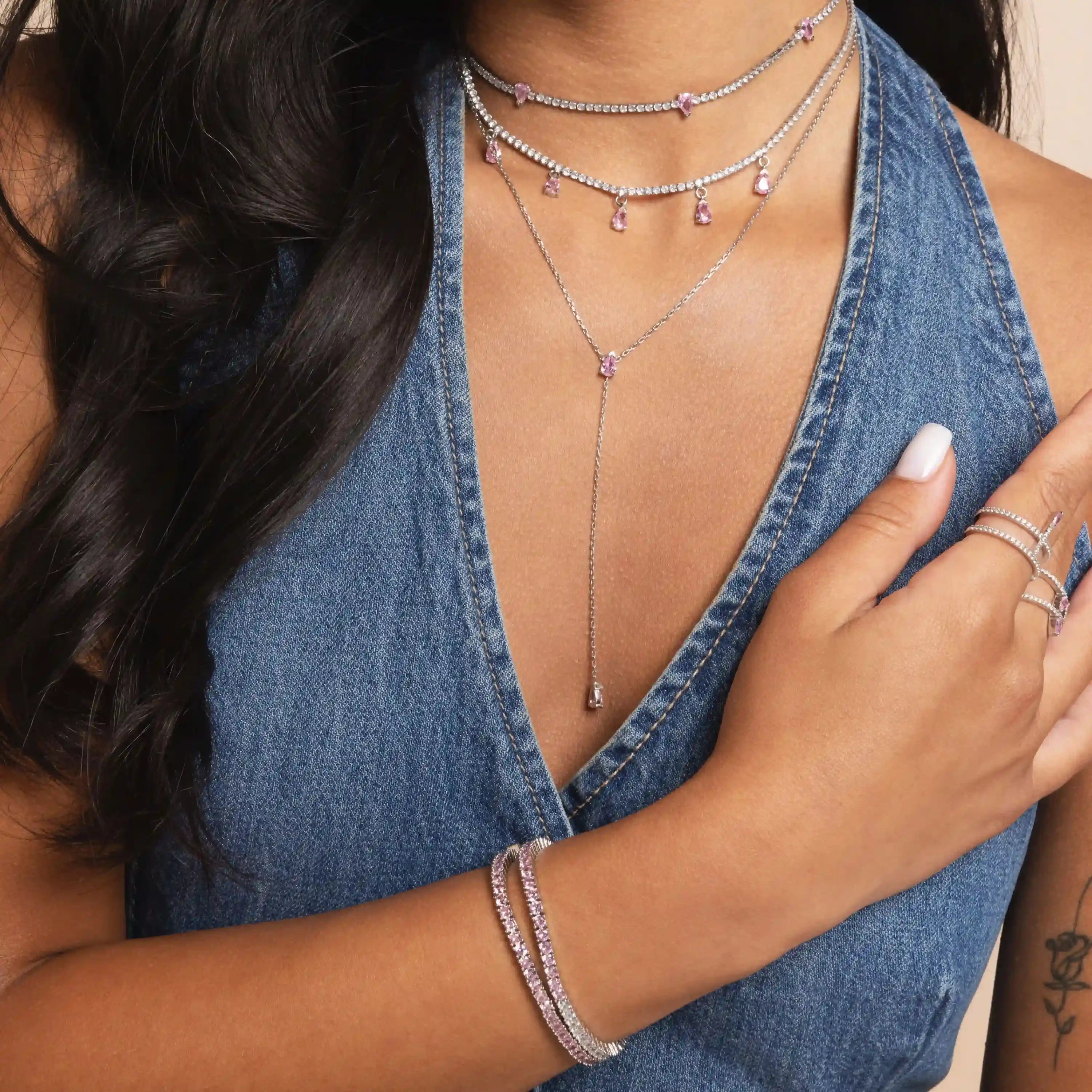 Two Teardrops Lariat Choker - Silver Light Pink
